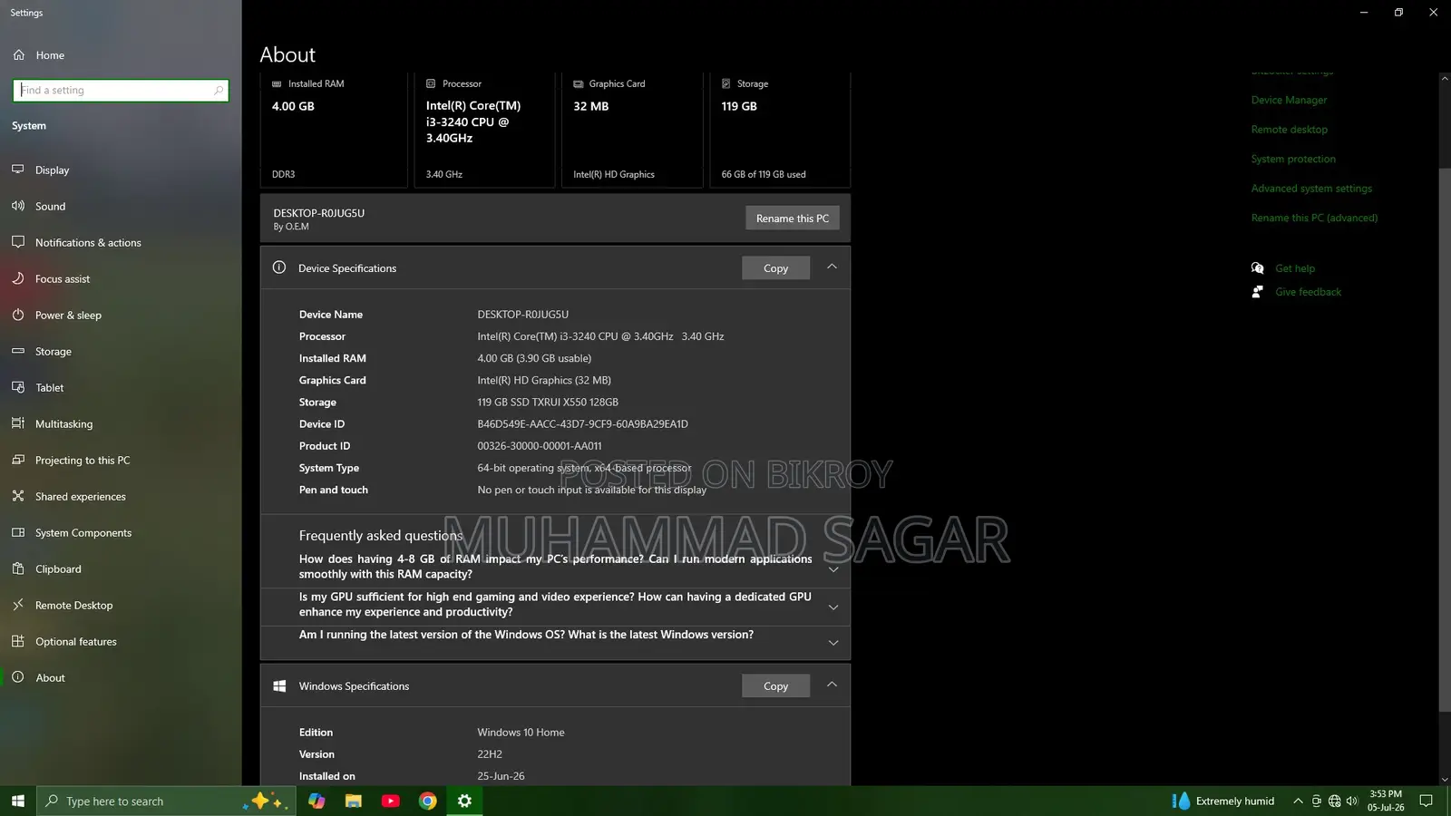 Desktop Computer 4GB Intel Core i3 SSD 128GB