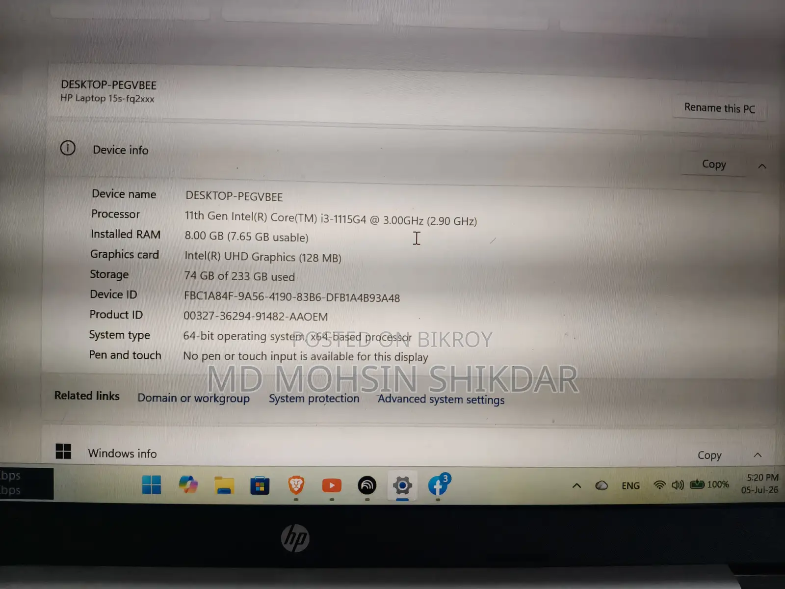 Laptop HP 15s 8GB Intel Core i3 SSD 256GB