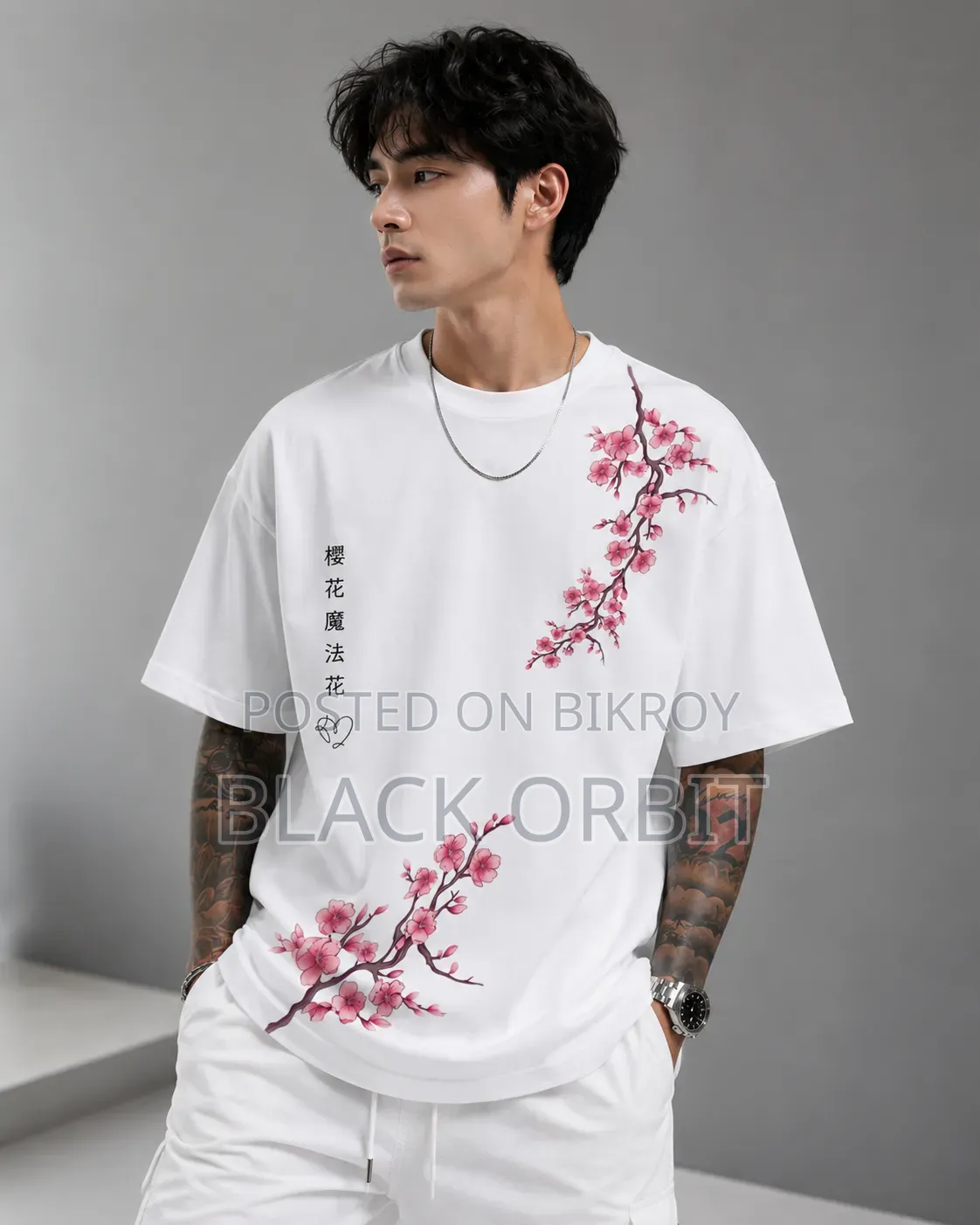 Premium Quality Drop Shoulder T-shirt Sakura Branch Design
