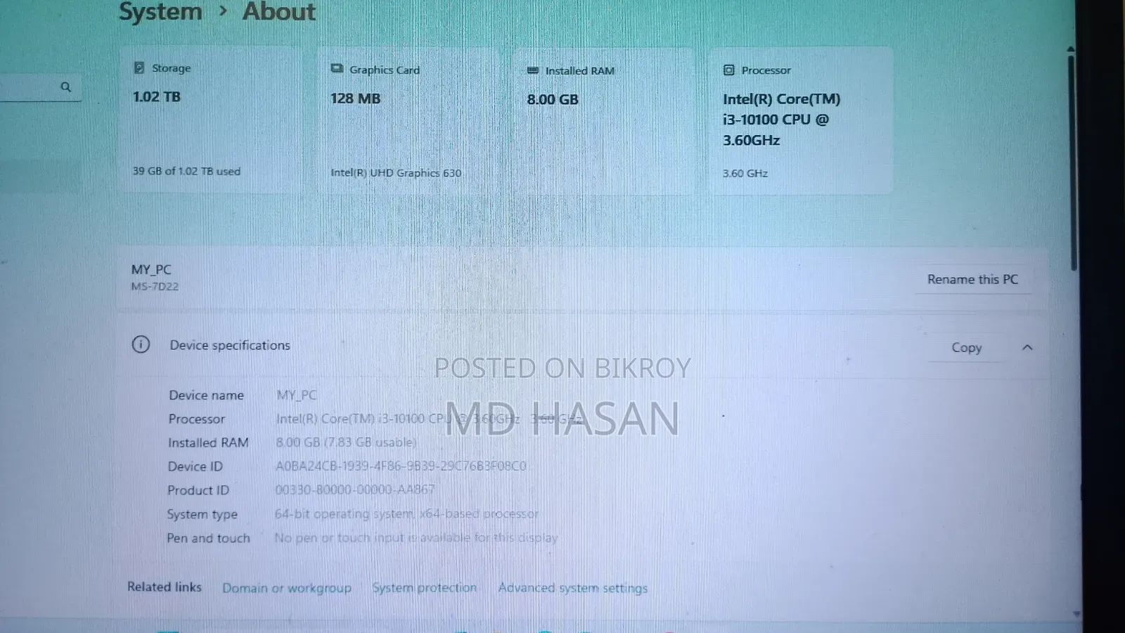 Desktop Computer MSI 8GB Intel Core I3 HDD+SSD 1T
