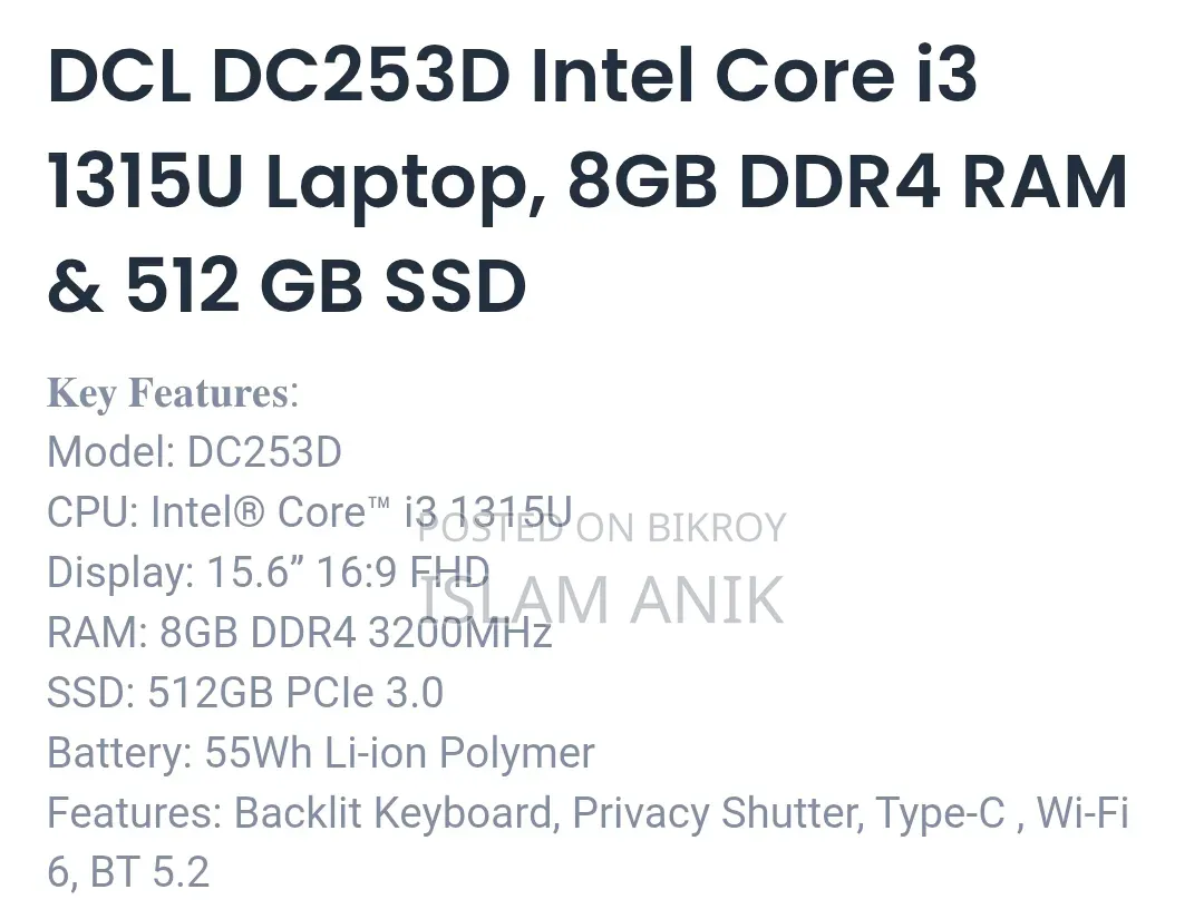 Laptop 8GB Intel Core i3 SSD 512GB