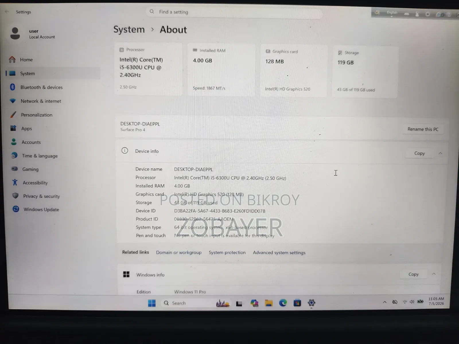 Laptop Microsoft Surface Pro 4 4GB Intel Core I5 SSD 128GB