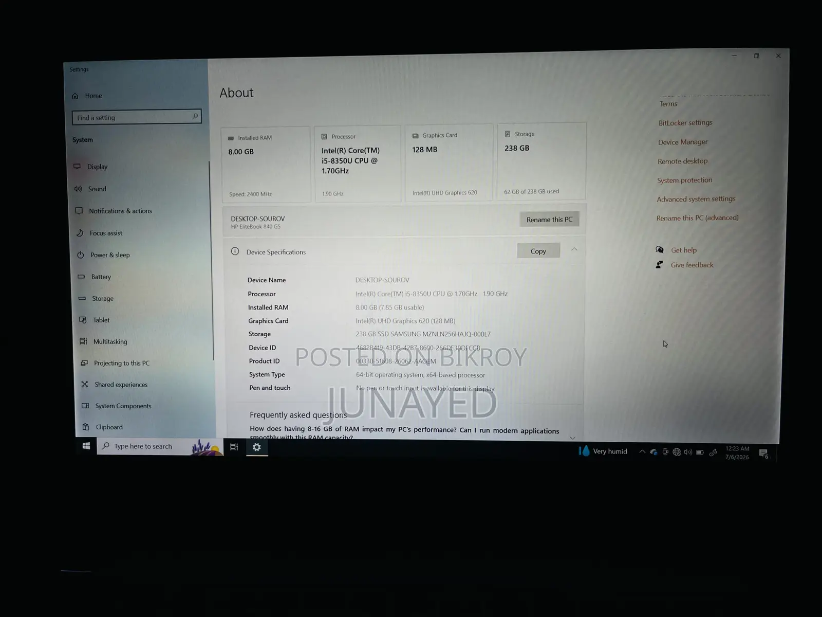 Laptop HP EliteBook 840 G5 8GB Intel Core i5 SSD 256GB