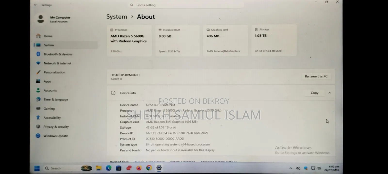 Desktop Computer Gigabyte 8GB AMD Ryzen 5 HDD+SSD 128GB