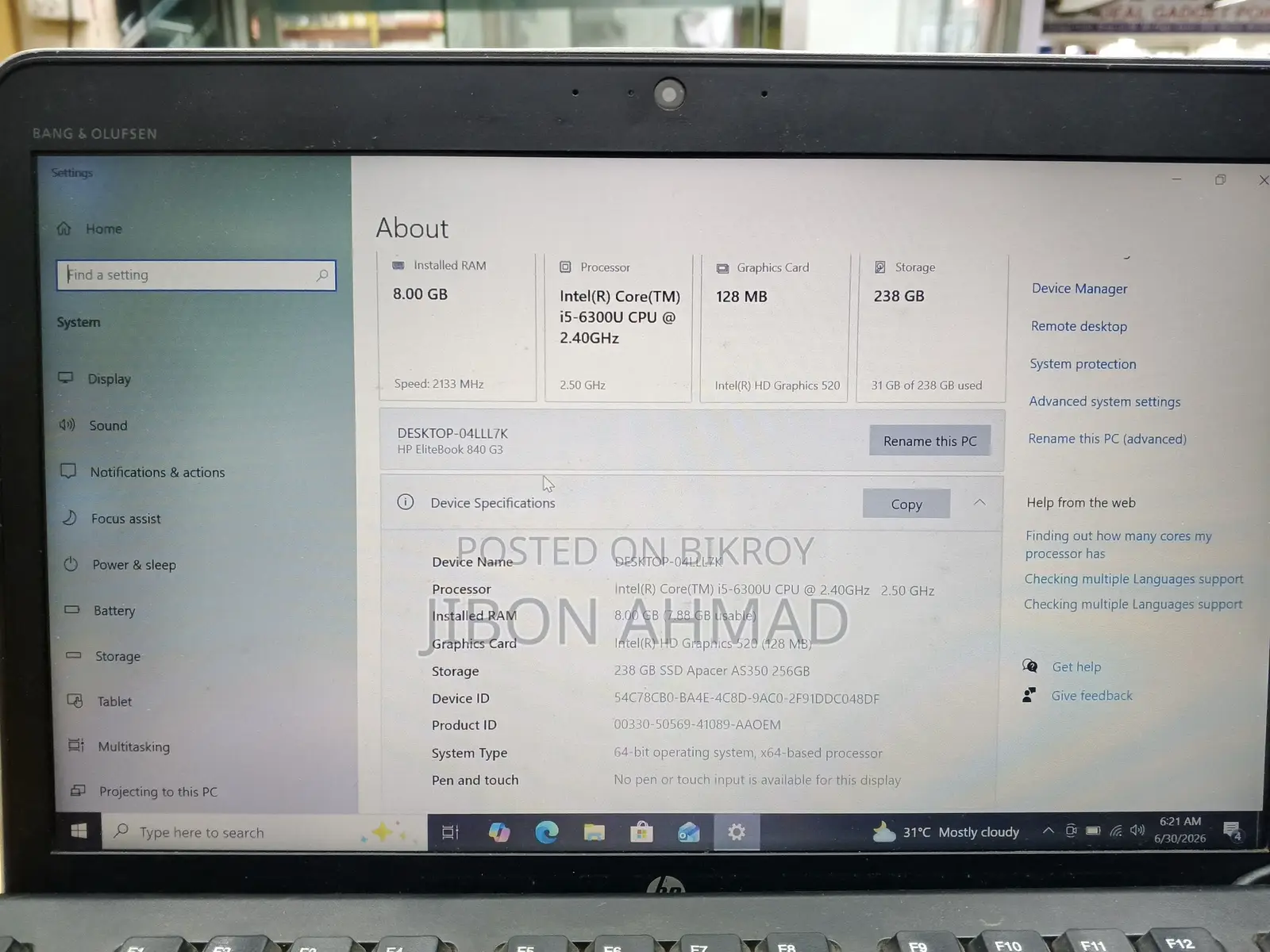 Laptop HP EliteBook 840 G3 8GB Intel Core I5 SSD 256GB