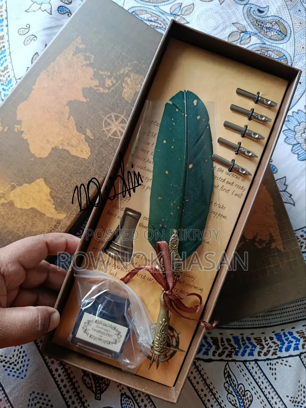 Vintage Feather Ink Pen Set - Green