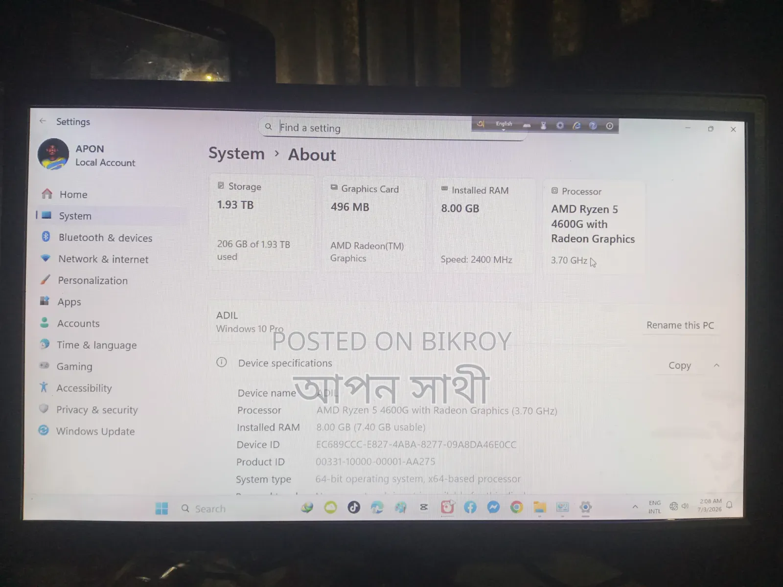 Desktop Computer MSI 8GB AMD Ryzen 5 SSD 2T