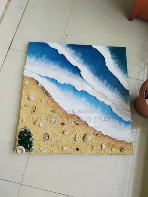 হ্যান্ডক্রাফটেড থ্রিডি টেক্সচার সী-বিচ পেইন্টিং উইথ রিয়েল শেলস