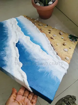 হ্যান্ডক্রাফটেড থ্রিডি টেক্সচার সী-বিচ পেইন্টিং উইথ রিয়েল শেলস