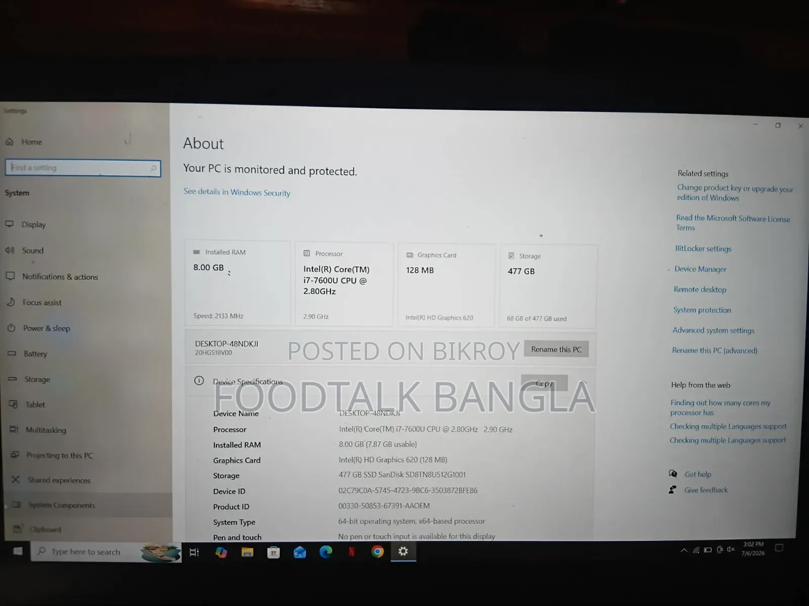 Laptop Lenovo ThinkPad T470 8GB Intel Core I7 HDD+SSD 500GB