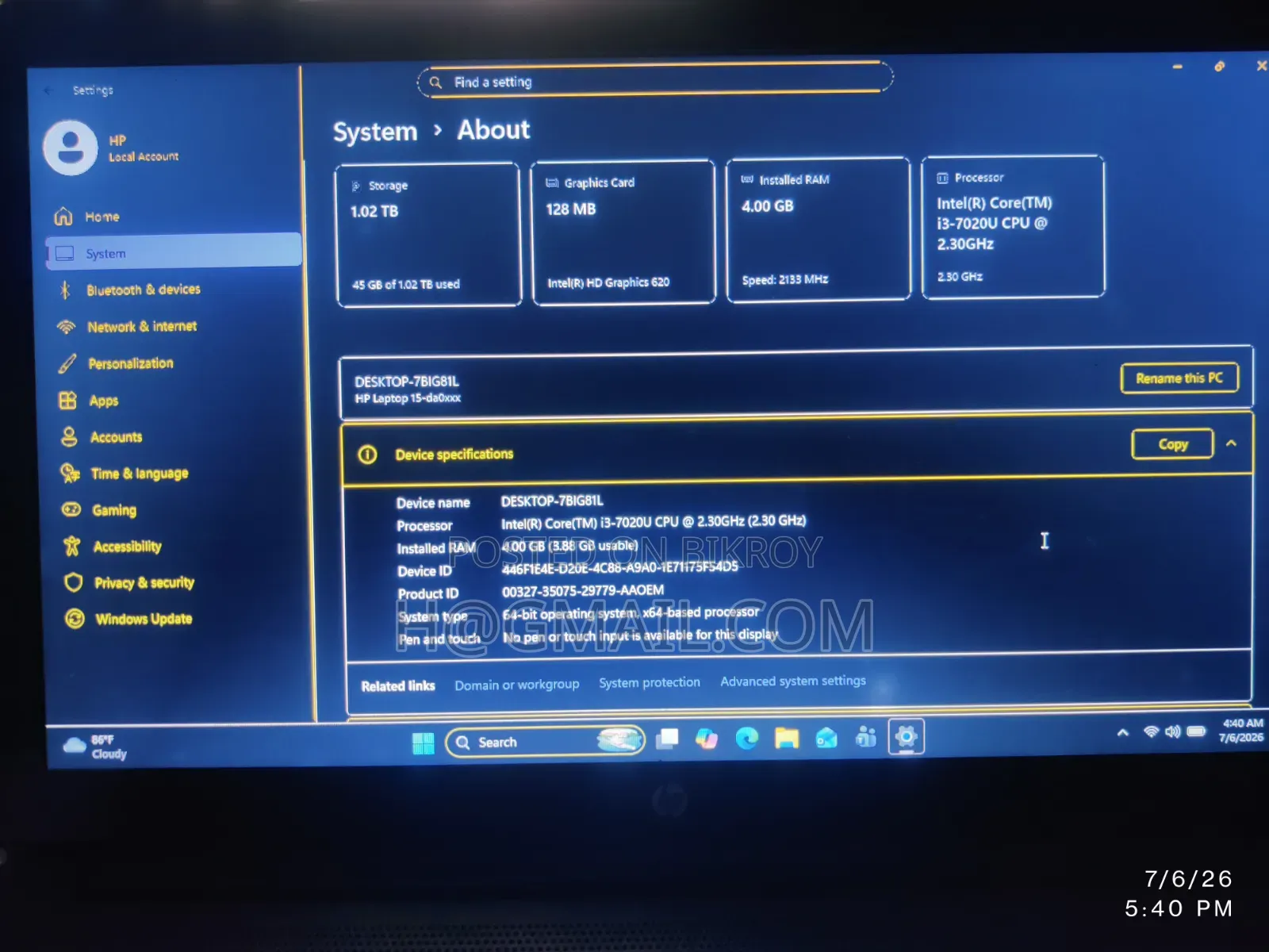 ল্যাপটপ HP 250 G7 4GB Intel Core I3 HDD+SSD 1T