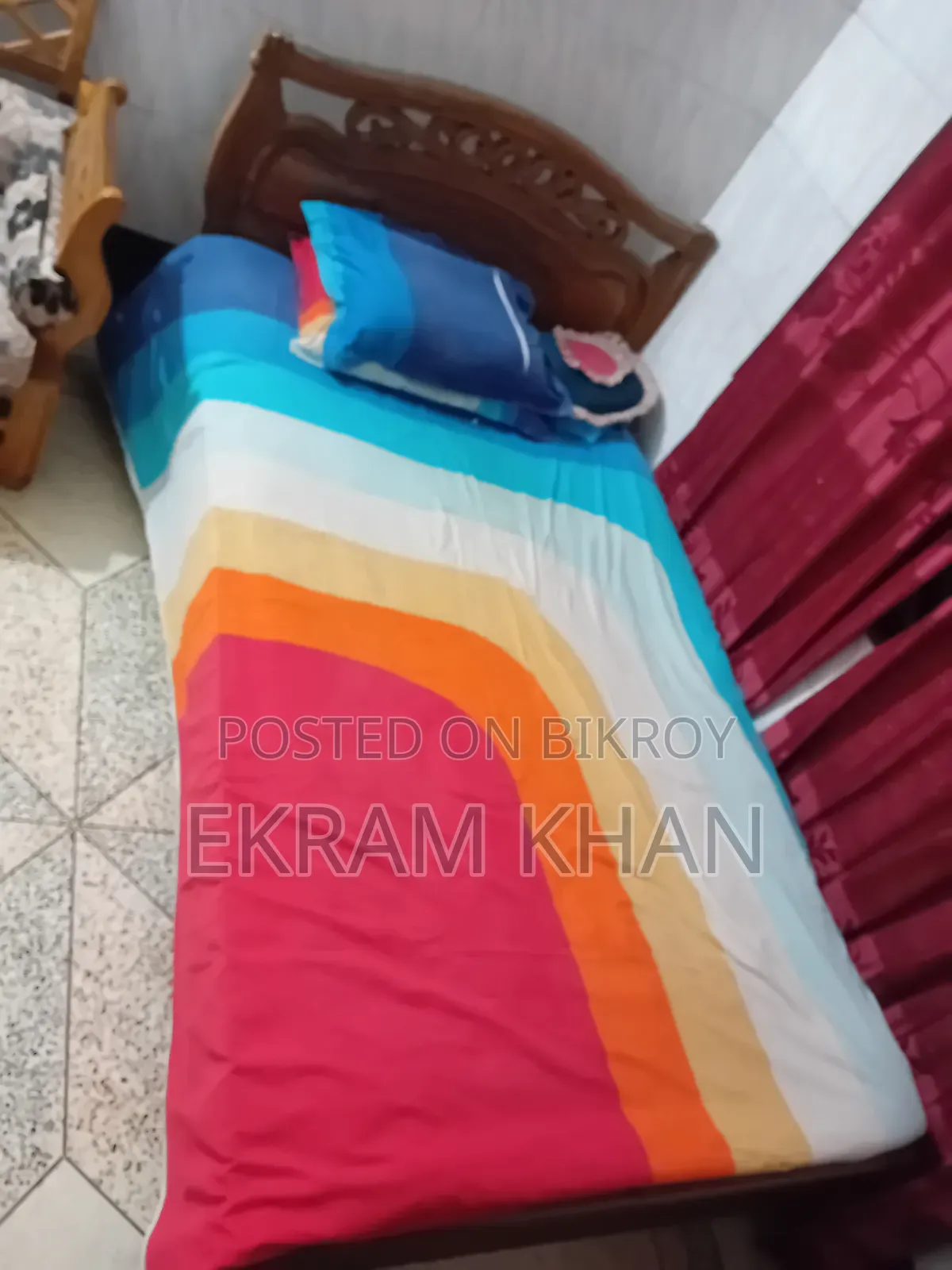 7/4 feet original teak wood bed for sale with mattress and cushion