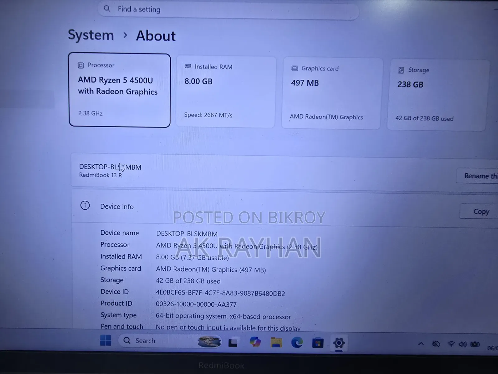 Laptop Xiaomi RedmiBook 13 8GB AMD Ryzen 5 SSD 256GB