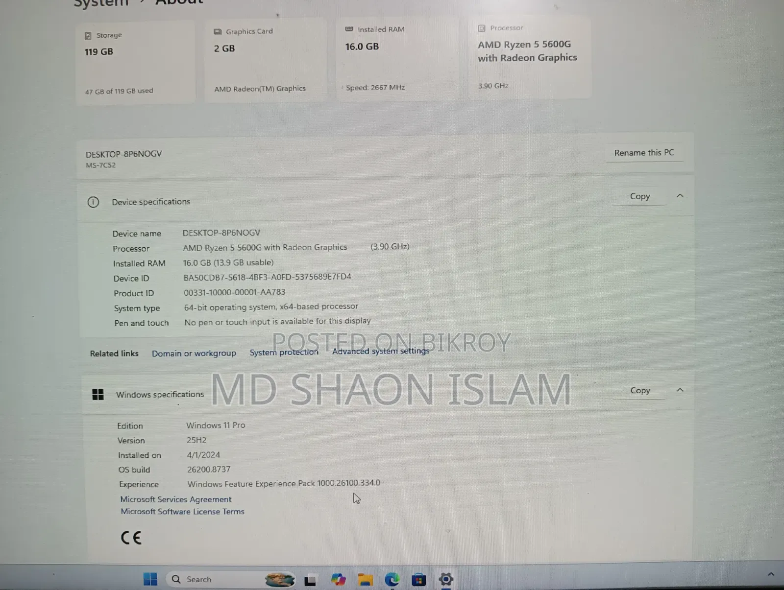 Desktop Computer MSI 16GB AMD Ryzen 5 SSD 128GB