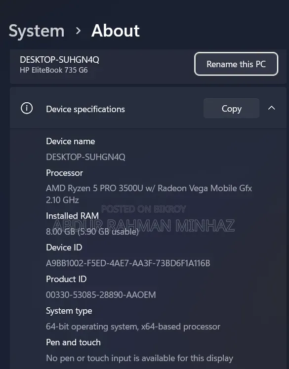 Laptop HP EliteBook 735 G6 8GB AMD Ryzen 5 SSD 256GB