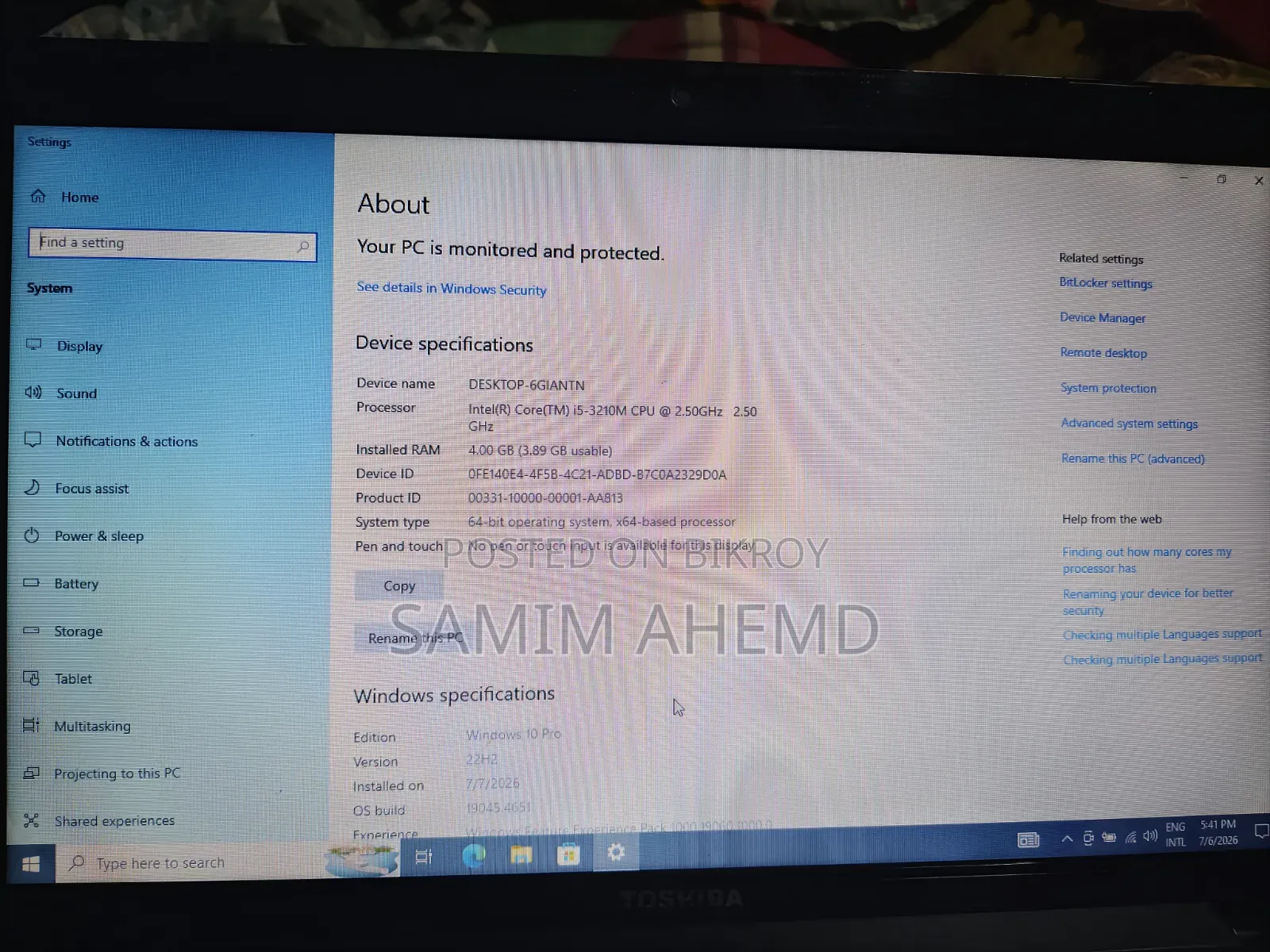 Laptop Toshiba Satellite C850 4GB Intel Core I5 SSD 128GB