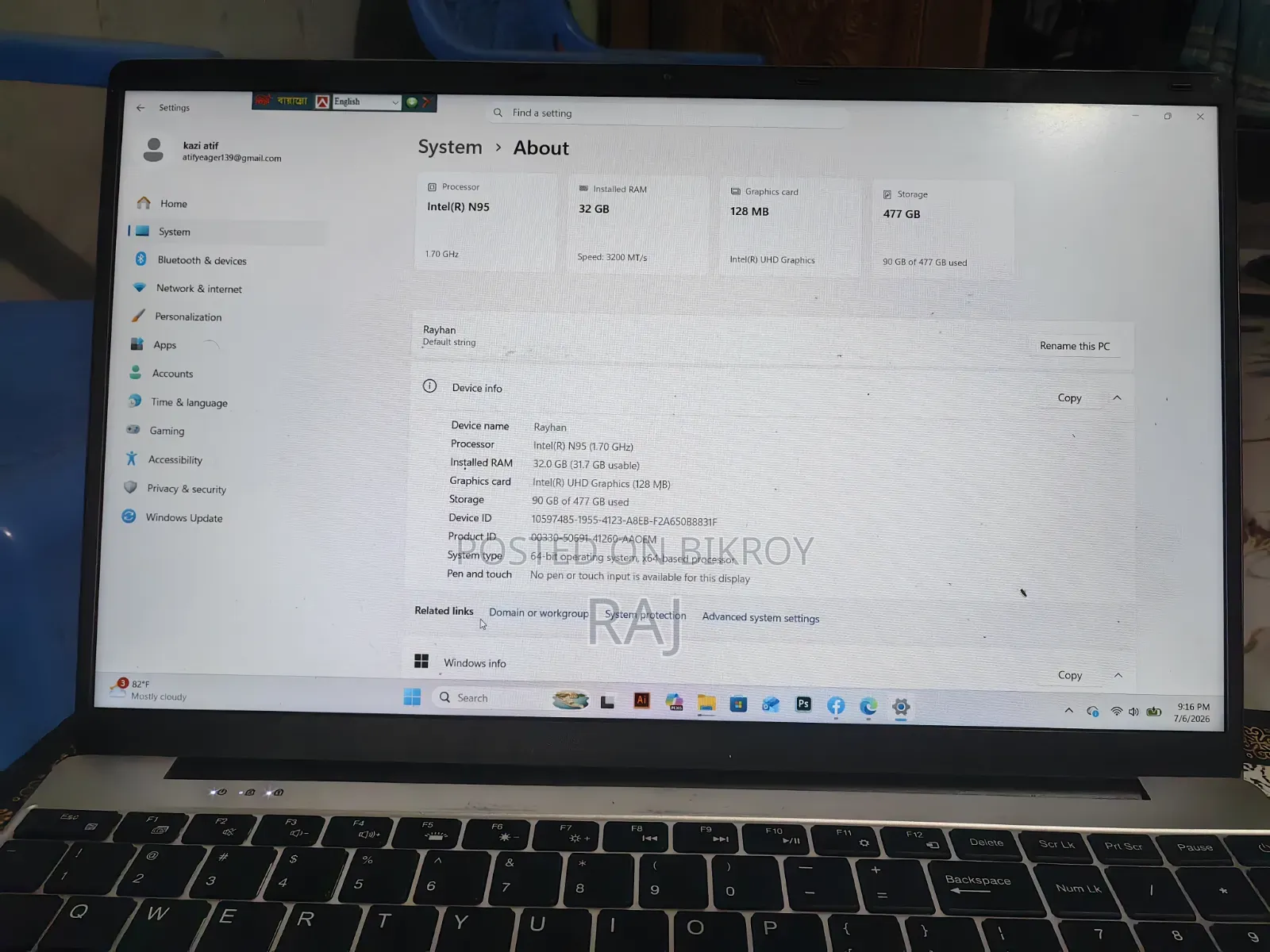 Laptop 32GB Intel SSD 512GB