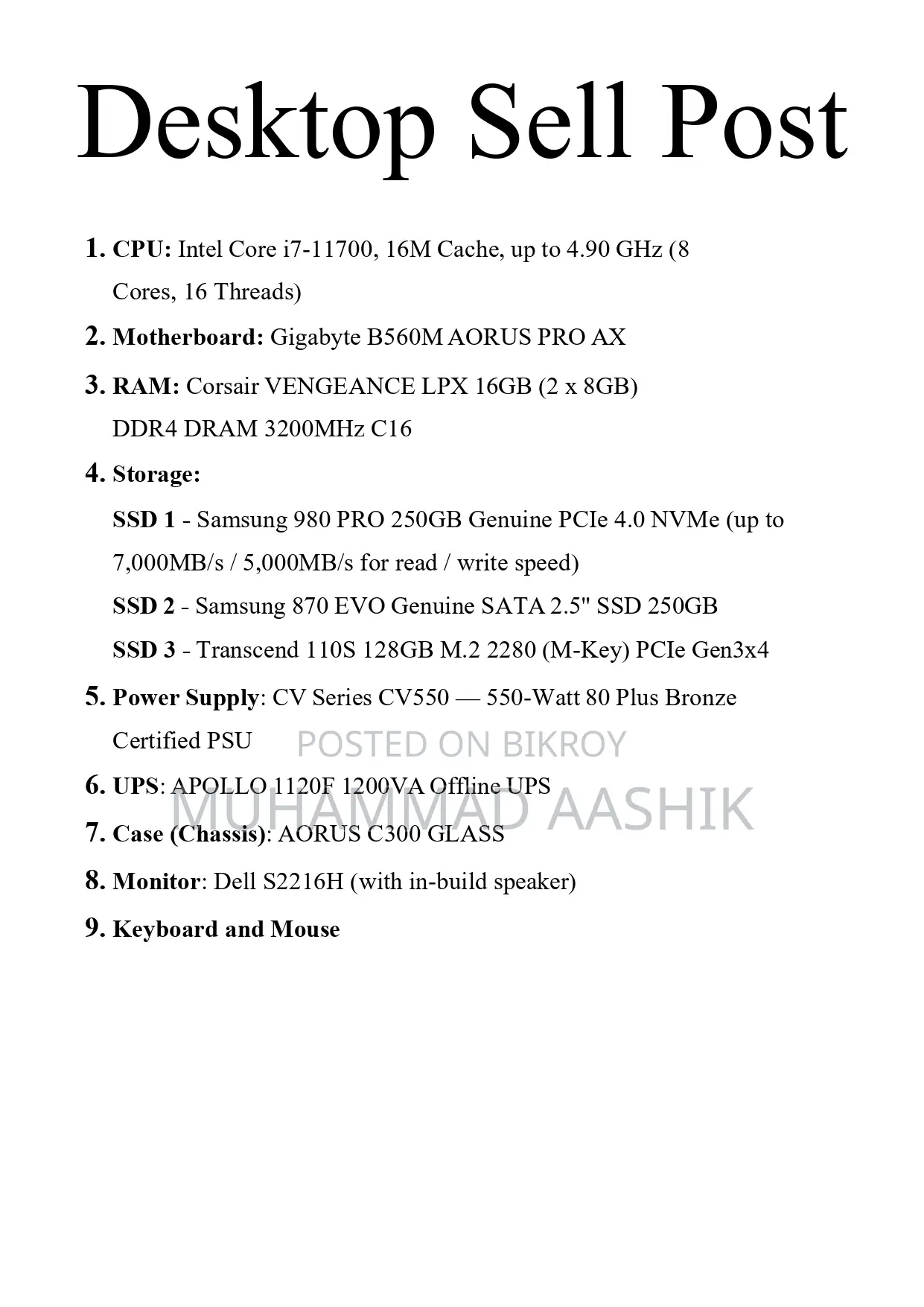 Intel I7-11700 PC | Aorus B560M | 16GB RAM | 3x NVMe SSD | 1200VA UPS
