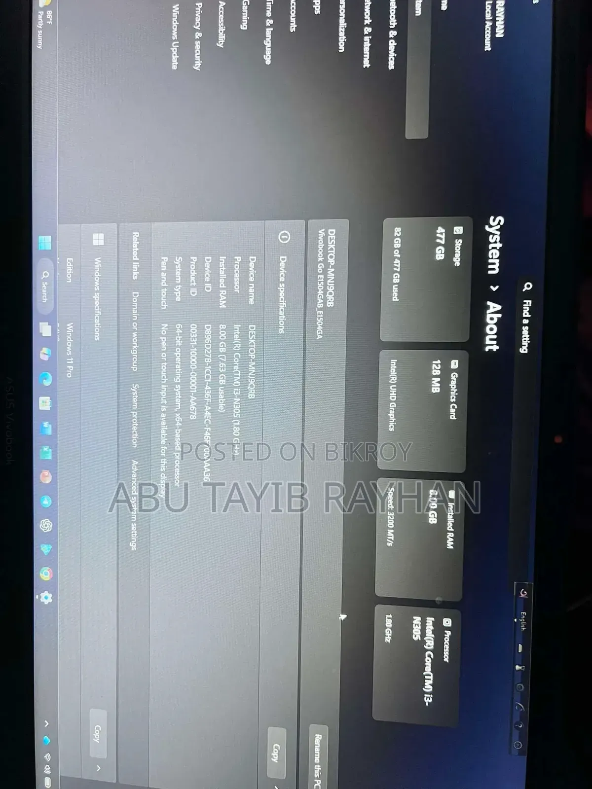 ল্যাপটপ Asus Vivobook Go 15 8GB Intel Core I3 HDD+SSD 1T