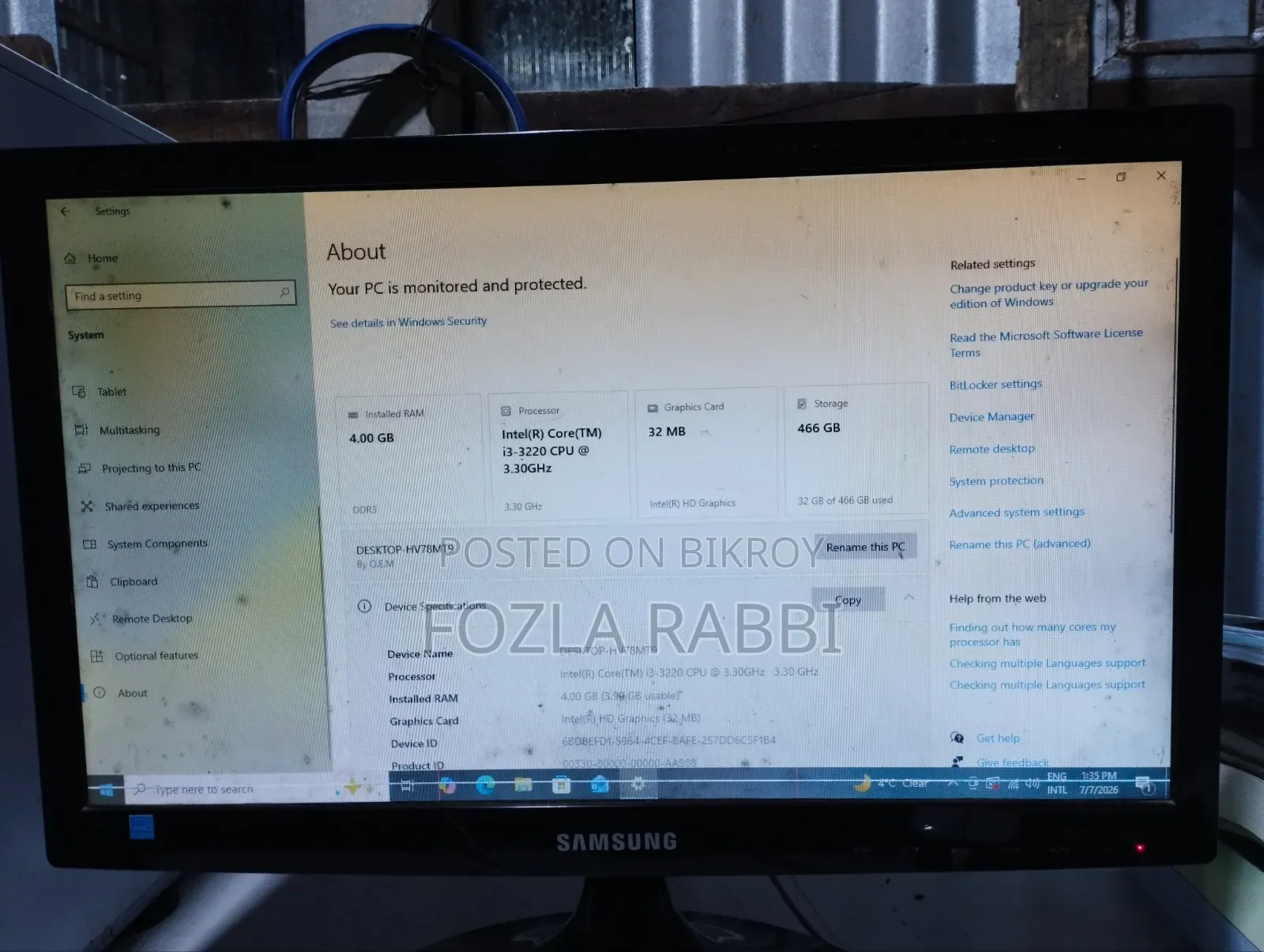 Desktop Computer Samsung 4GB Intel Core i3 HDD+SSD 500GB