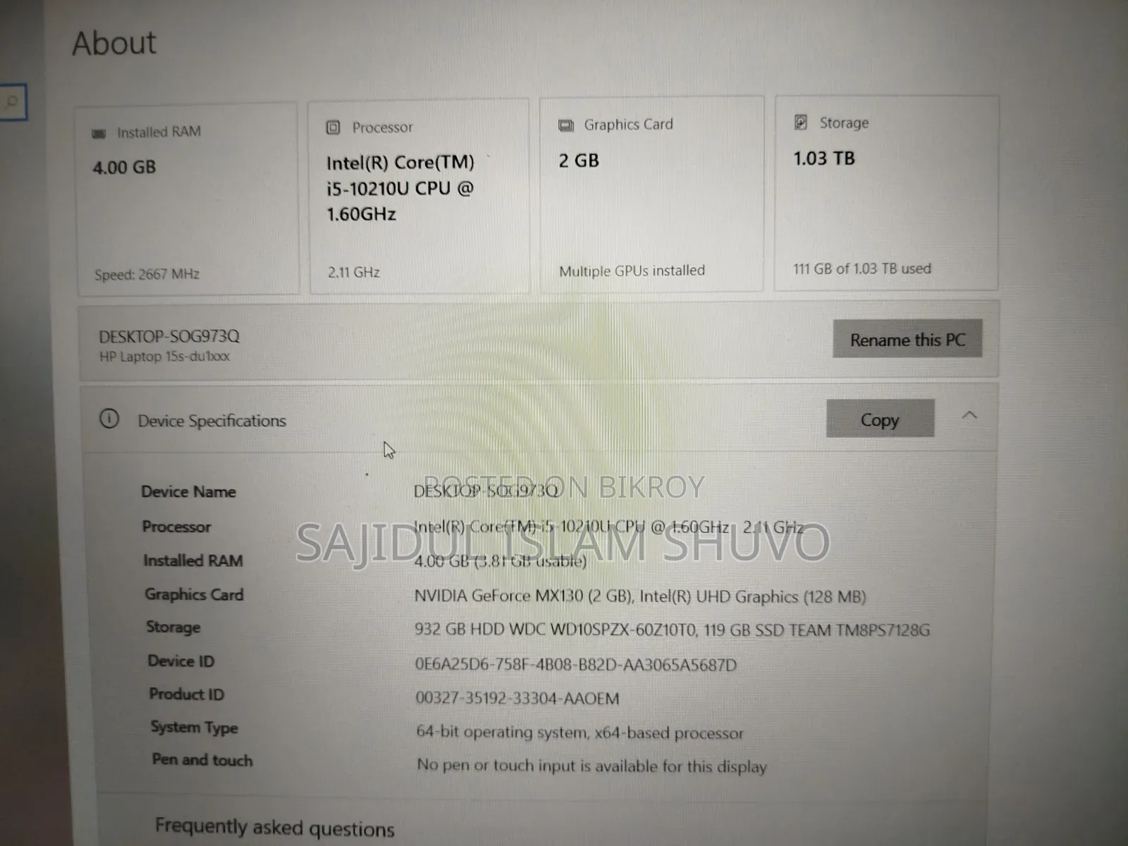 New Laptop HP 15S 4GB Intel Core i5 HDD+SSD 1T