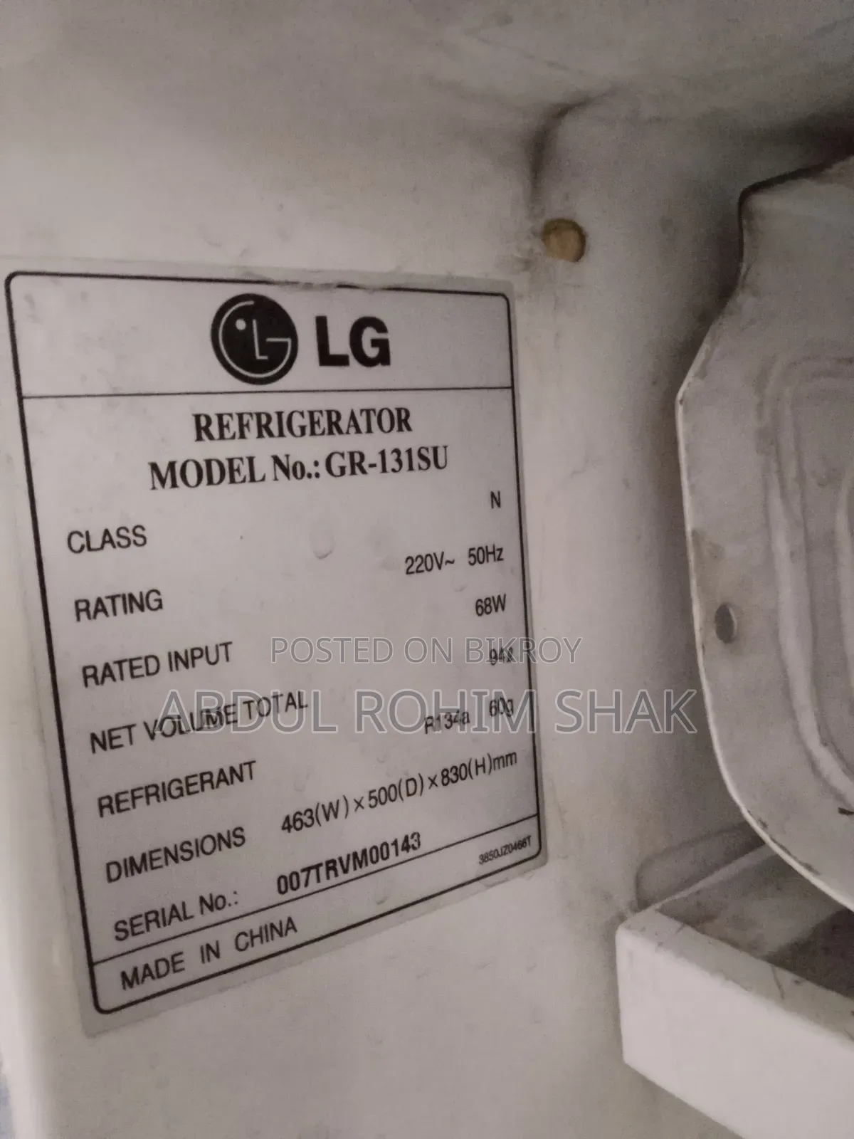 LG Refrigerator 60 Kg Model R134a