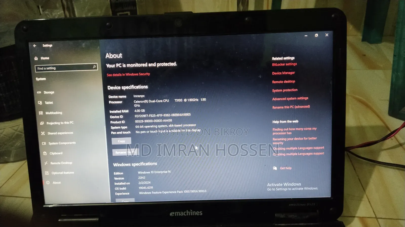 Laptop eMachines 4GB Intel Celeron HDD 256GB