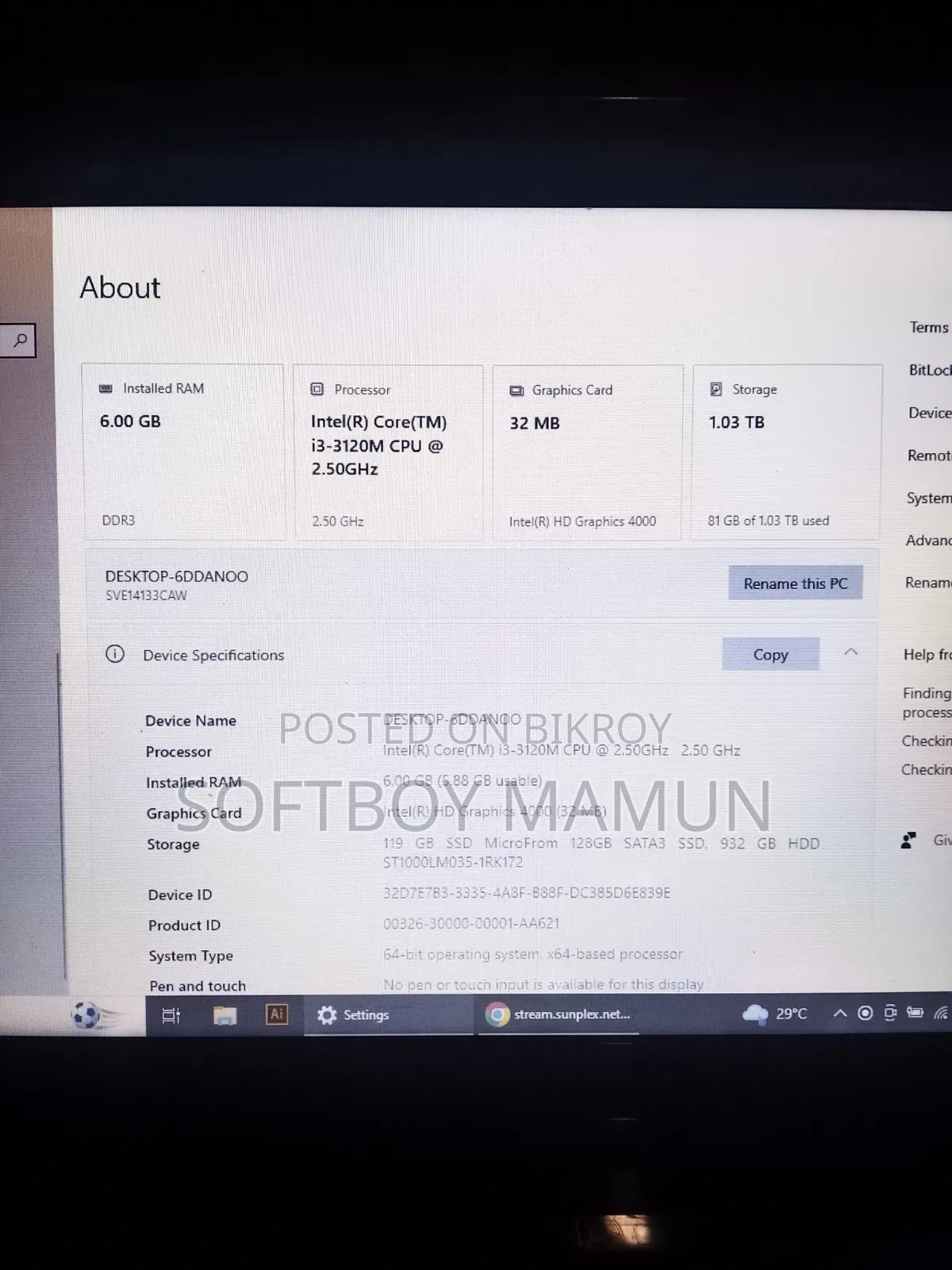 Laptop Sony 6GB Intel Core I3 SSD 128GB