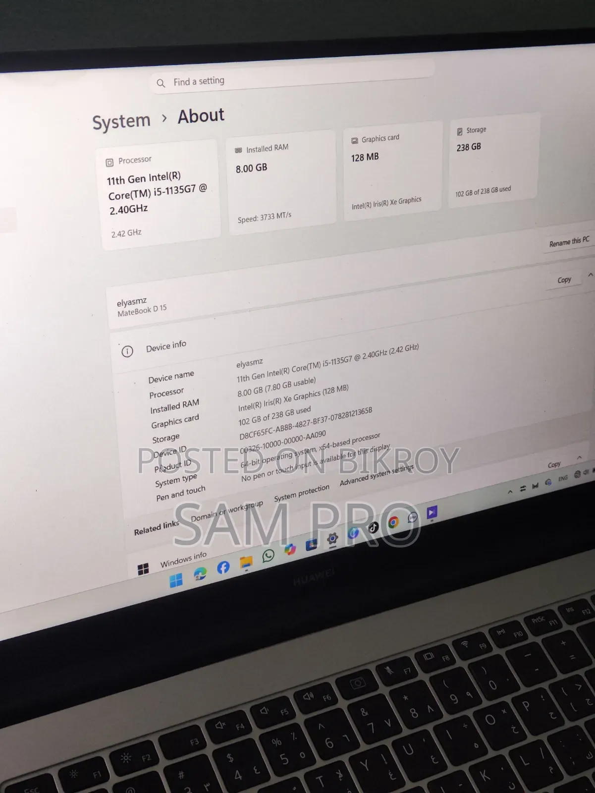 New Laptop Huawei Matebook D 15 8GB Intel Core i5 SSD 250GB