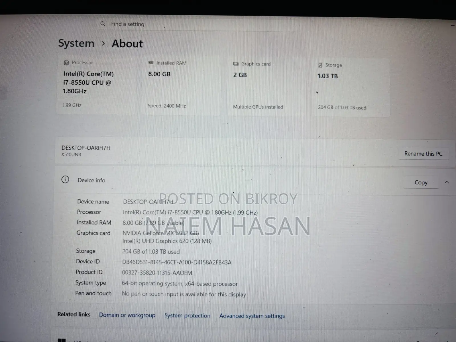 Laptop Asus VivoBook S15 S530UN 8GB Intel Core I7 HDD+SSD 1T