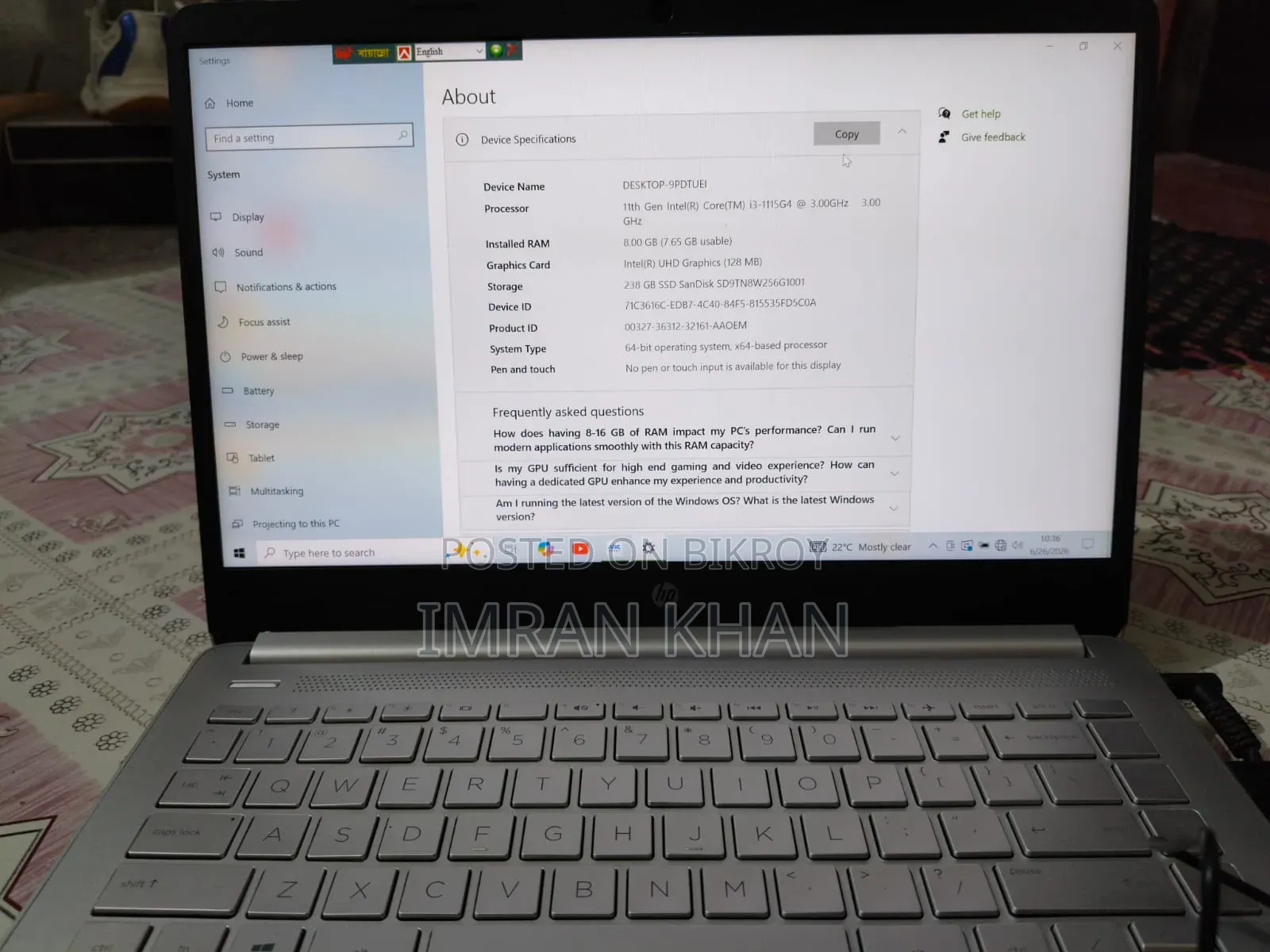 Laptop HP 8GB SSD 256GB