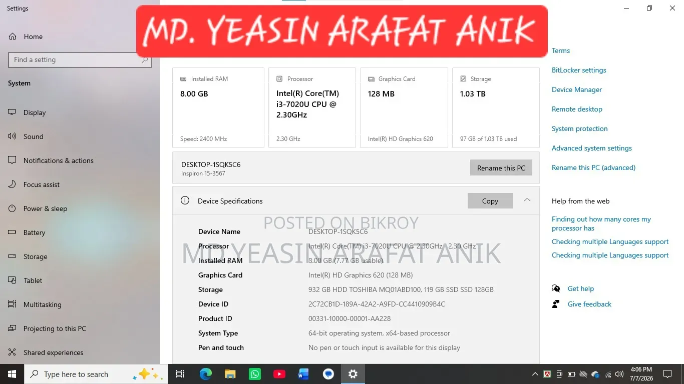Laptop Dell Inspiron 15 3000 8GB Intel Core I3 SSD 1T