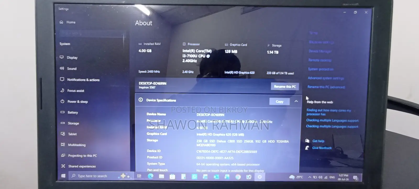 Laptop Dell Inspiron 5565 4GB Intel Core i3 SSD 256GB