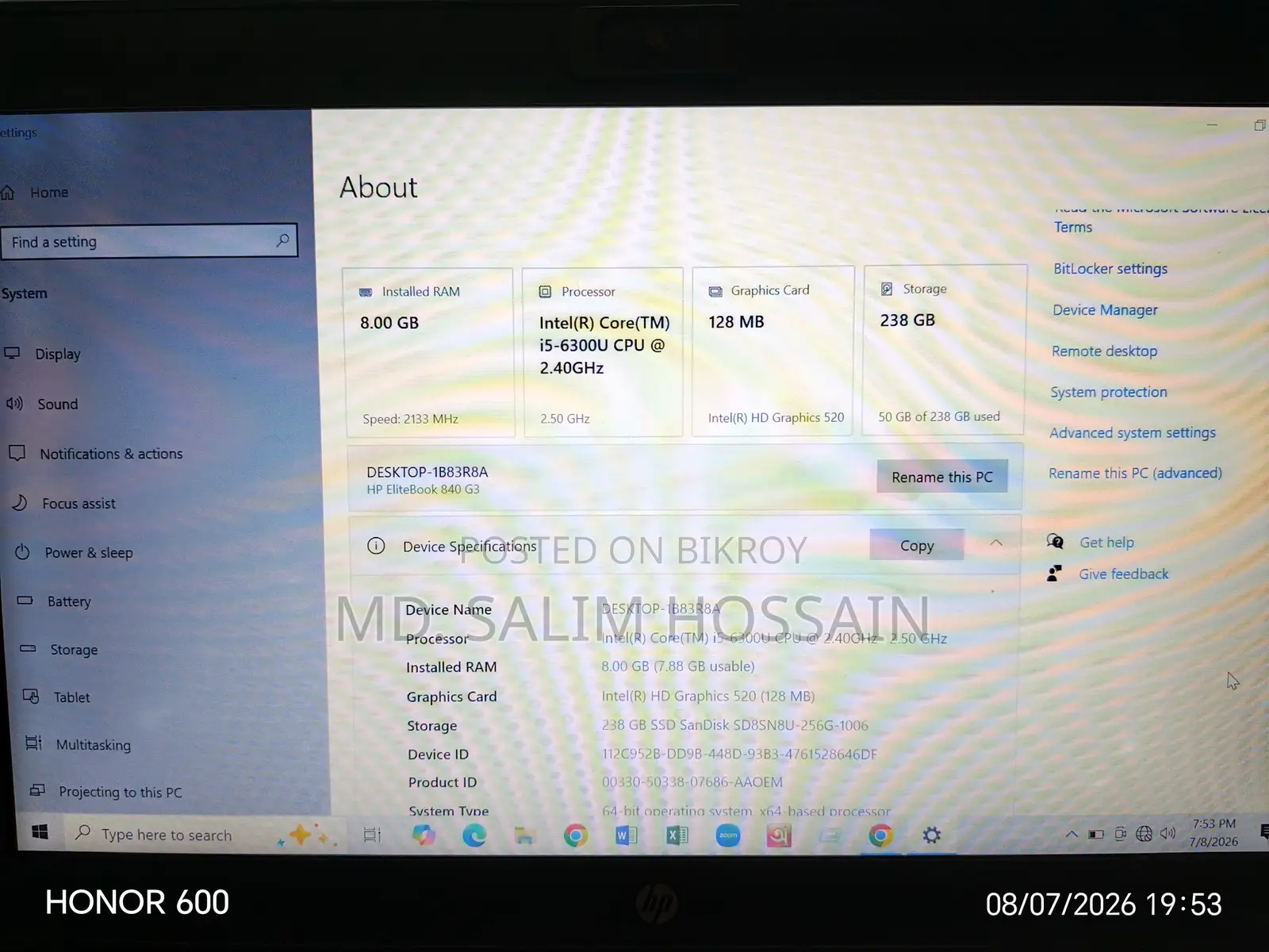 Laptop HP EliteBook 840 G3 8GB Intel Core I5 SSD 256GB