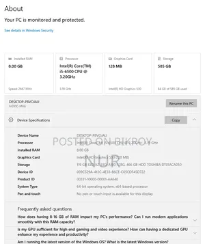 Desktop Computer 8GB Intel Core I5 SSD 512GB
