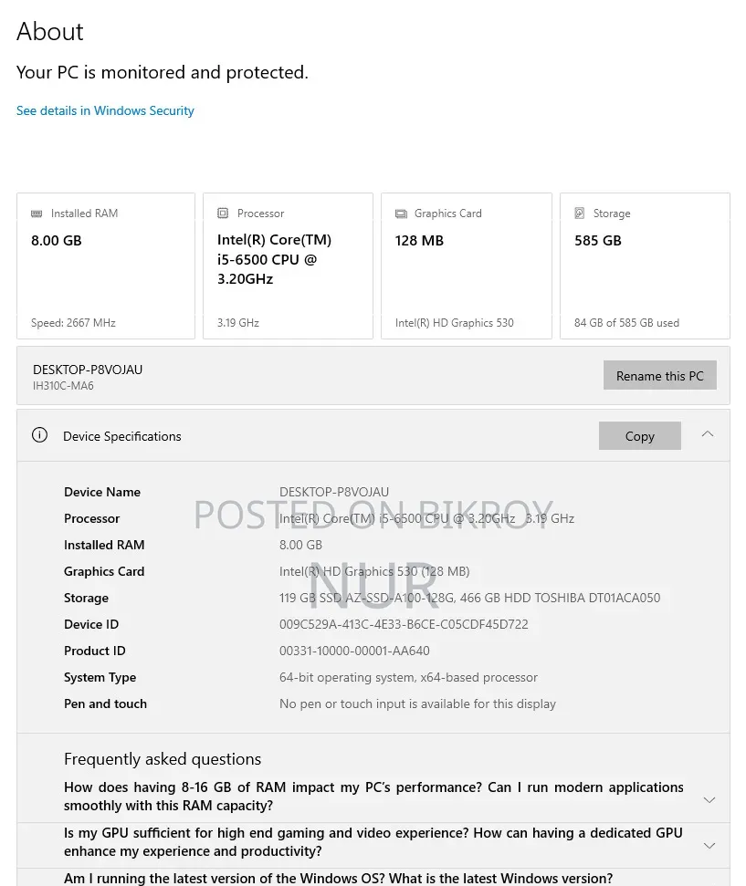 Desktop Computer 8GB Intel Core I5 SSD 512GB