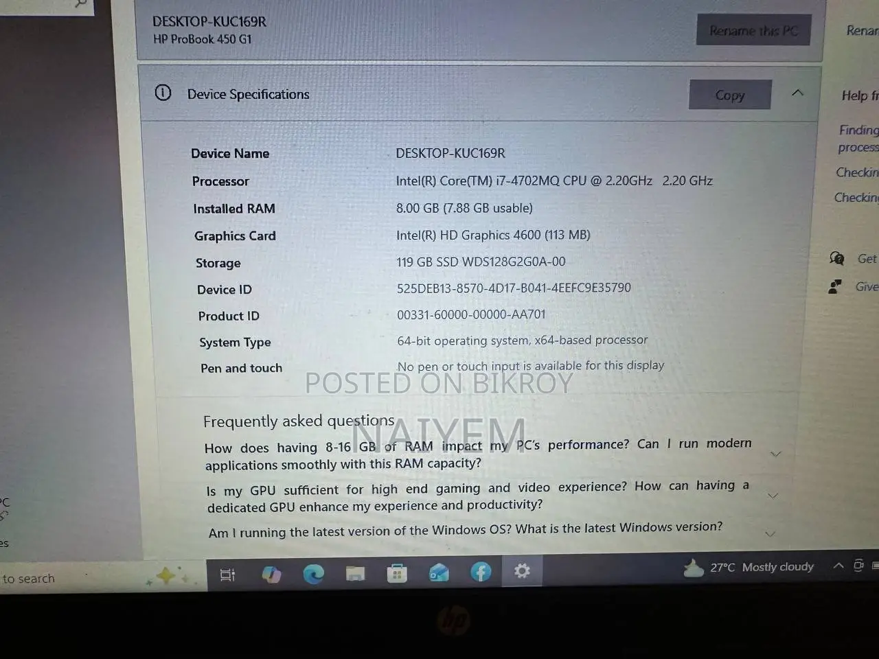 Laptop HP 15-Dw0037wm 8GB Intel Core I7 SSD 128GB