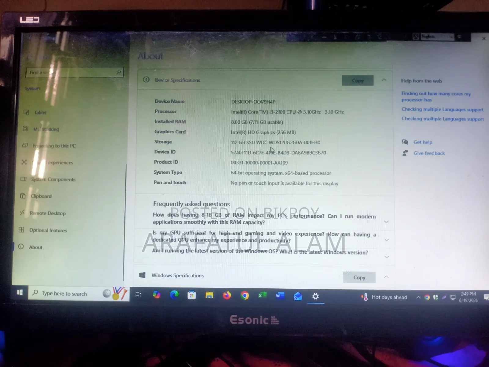 Desktop Computer 8GB Intel SSD 128GB