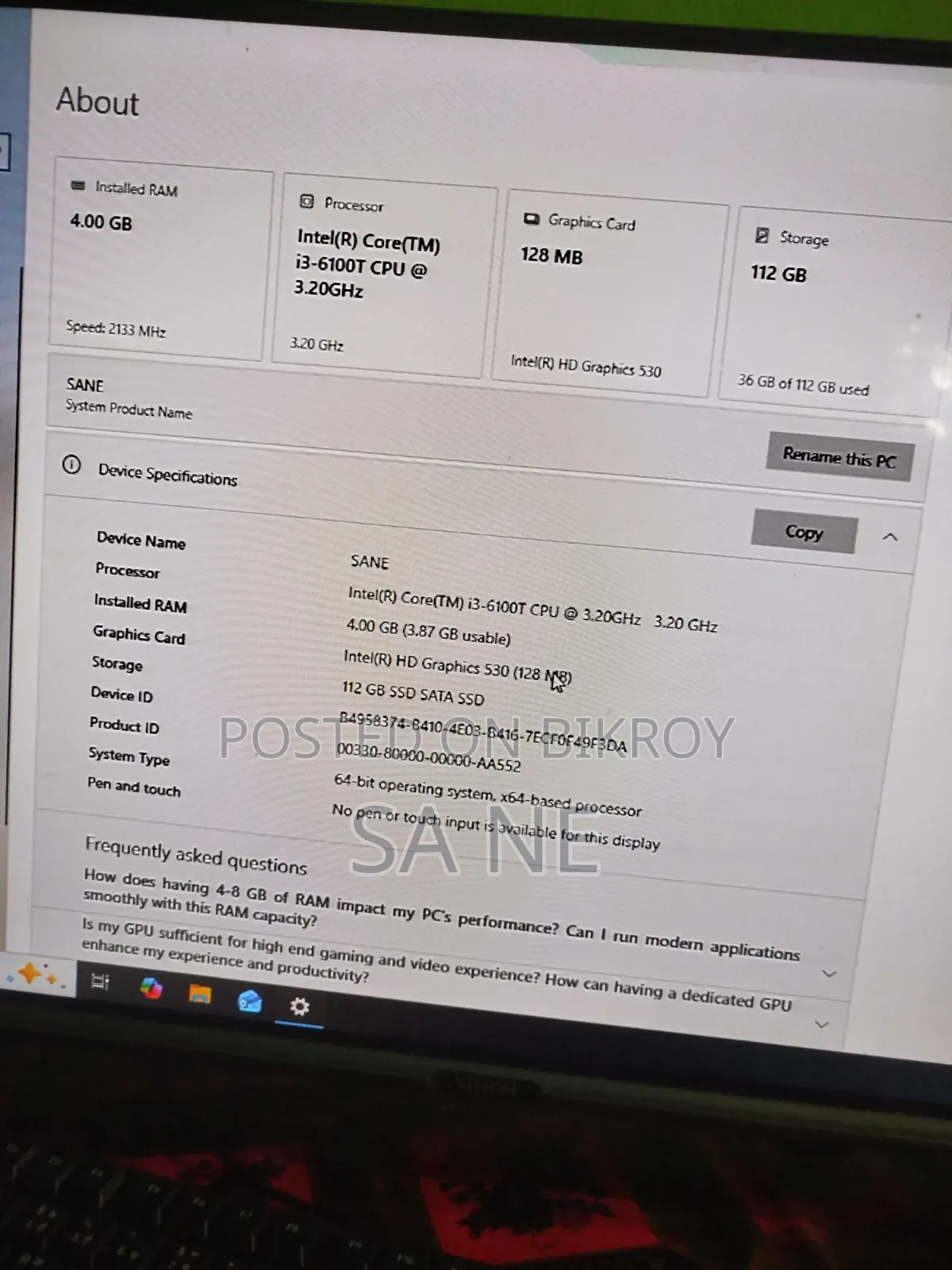 Desktop Computer Asus 4GB Intel Core i3 SSD 256GB