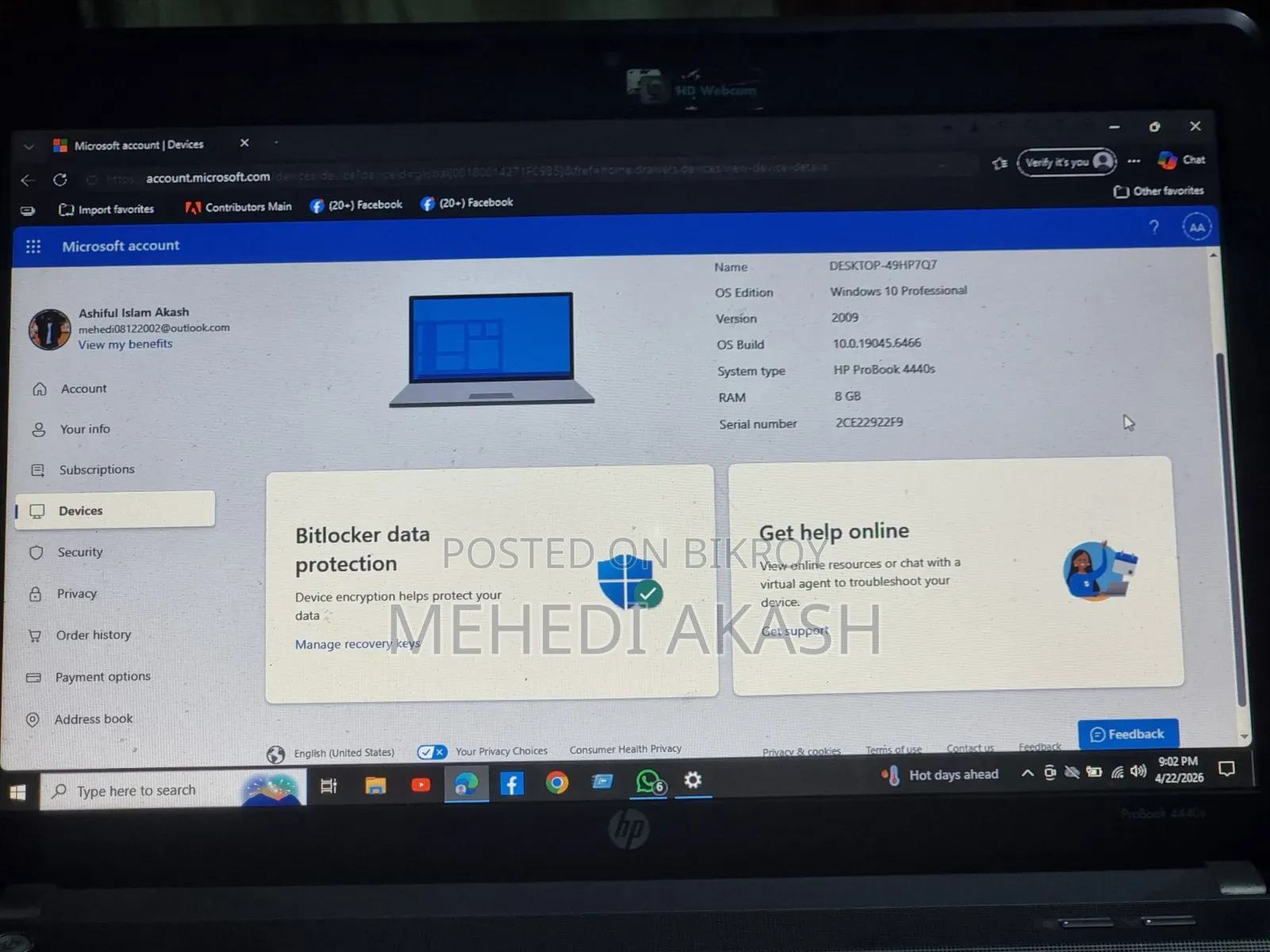 Laptop HP ProBook 4440S 8GB Intel Core 3 SSD 128GB