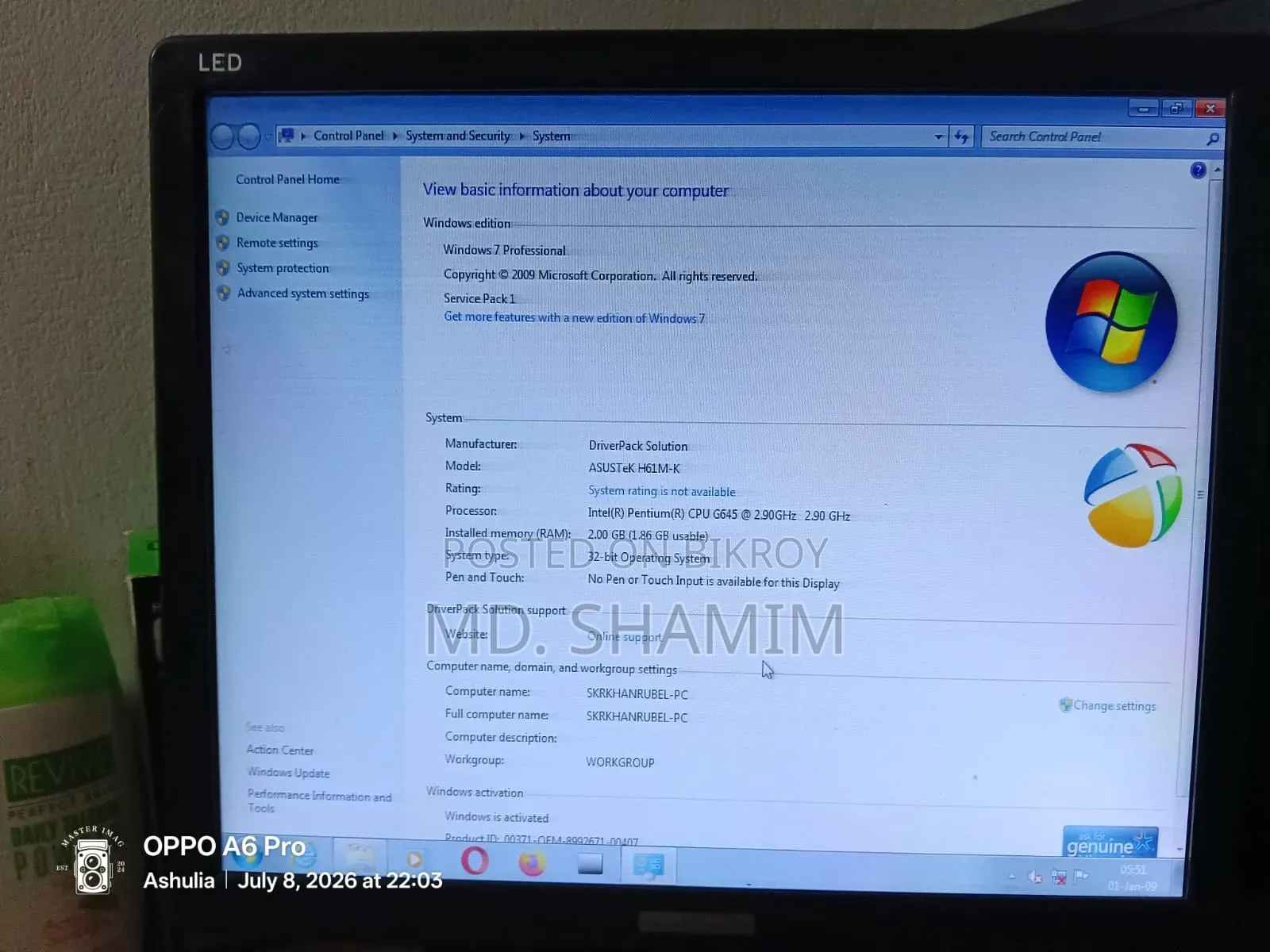 Desktop Computer Asus 2GB Intel Pentium SSD 128GB