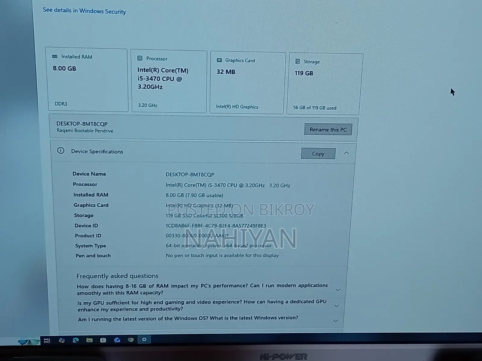 Desktop Computer 8GB Intel Core I5 SSD 128GB
