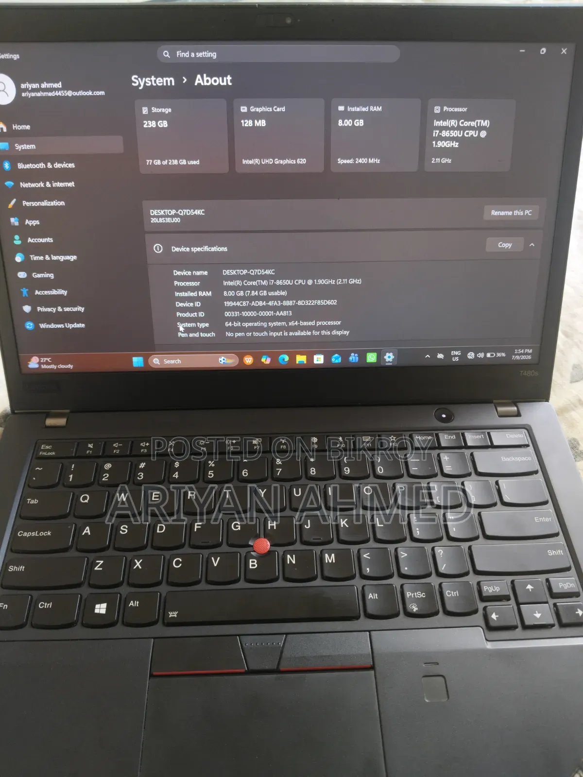 Laptop Lenovo ThinkPad T480s 8GB Intel Core i7 HDD+SSD 256GB