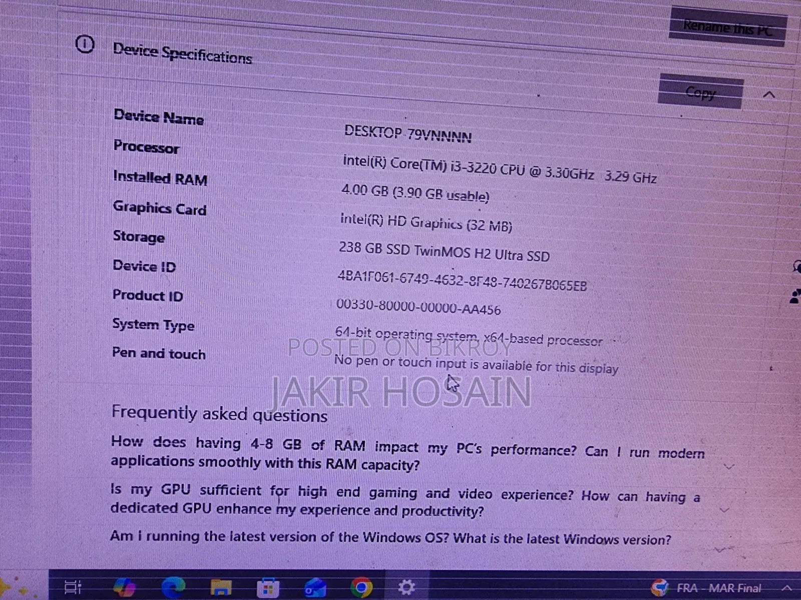 Desktop Computer 4GB Intel Core I3 SSD 256GB