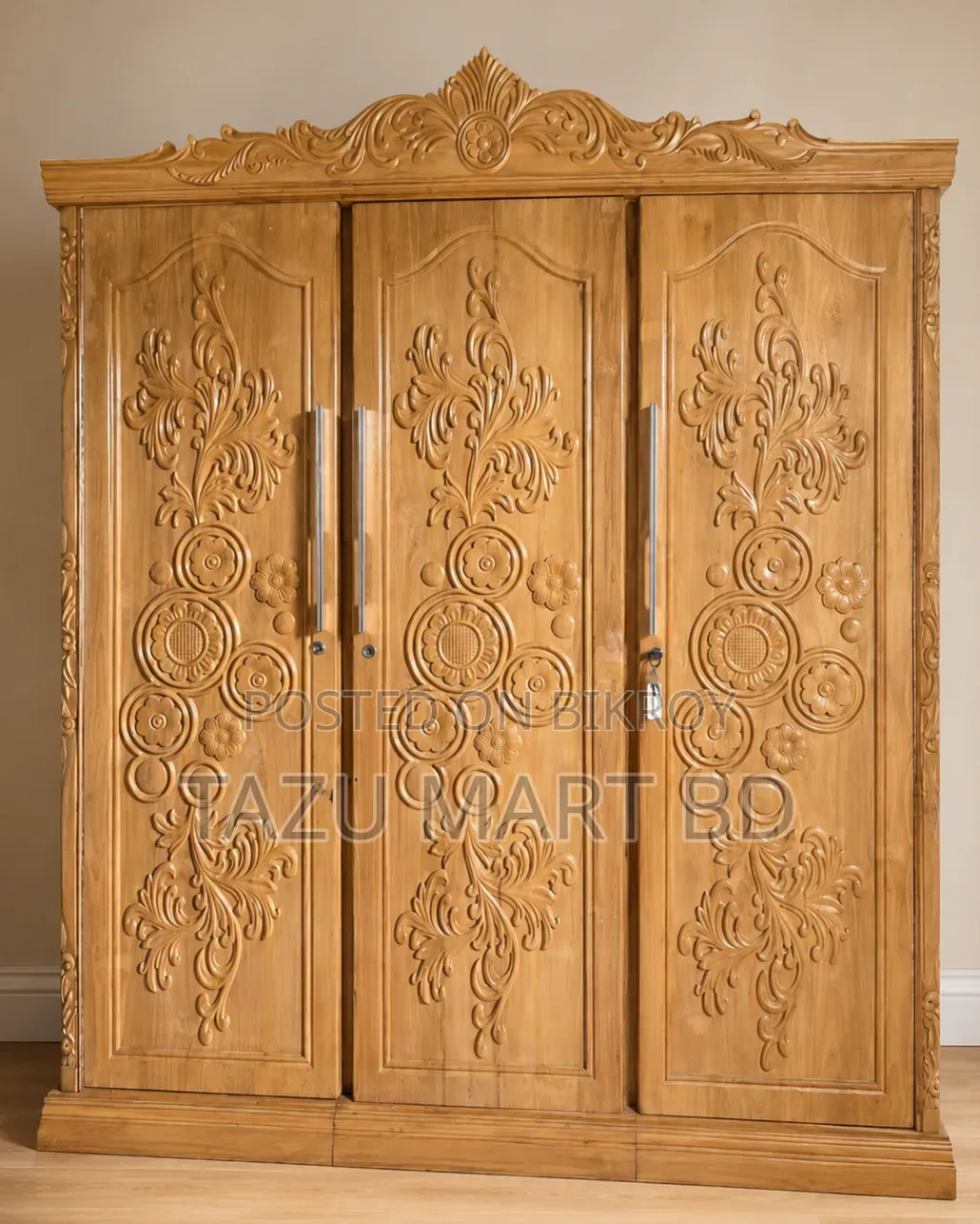 Premium 3-Part Teak Wood Carved Wardrobe