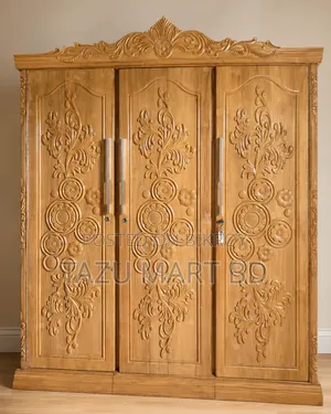 Premium 3-Part Teak Wood Carved Wardrobe