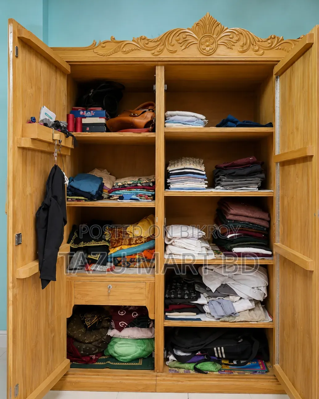 Premium 3-Part Teak Wood Carved Wardrobe