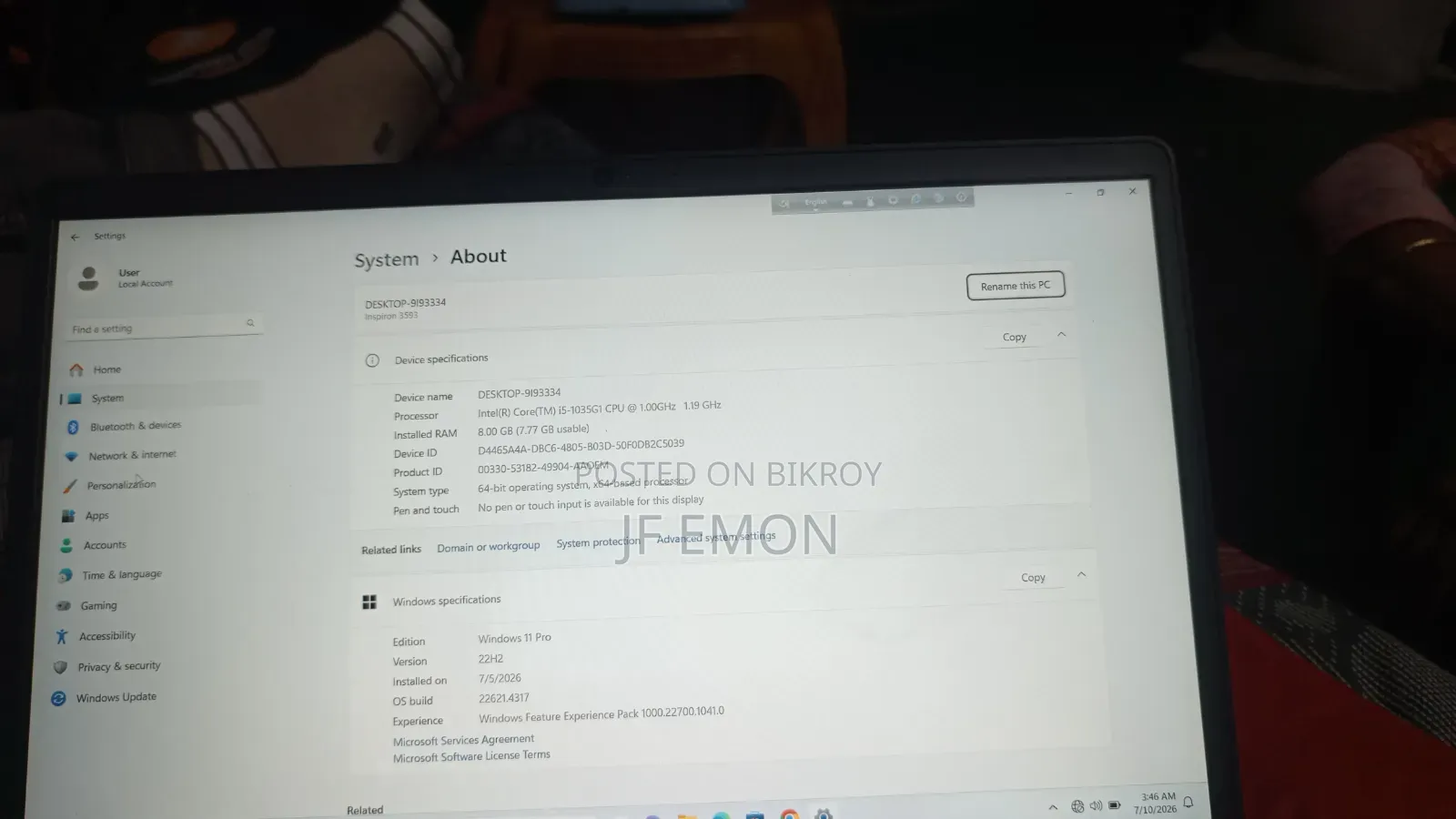 Laptop Dell Inspiron 15 3593 8GB Intel Core I5 SSD 500GB