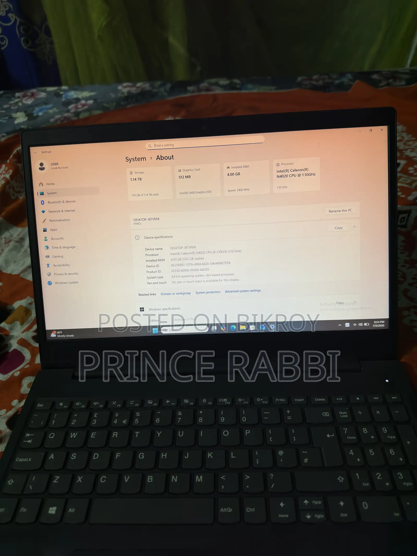 Laptop Lenovo Ideapad 3 4GB Intel Celeron HDD+SSD 256GB