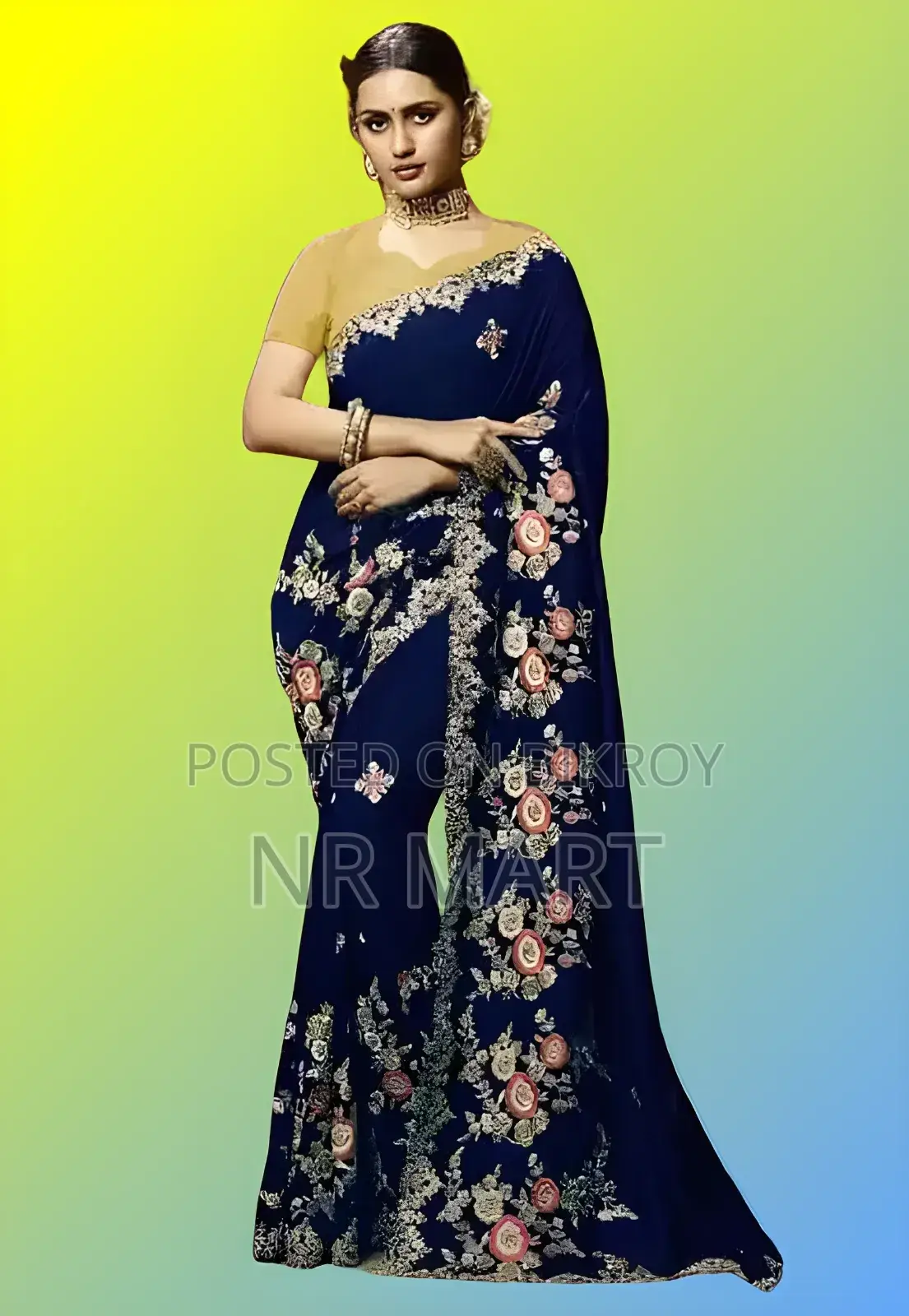  ইন্ডিয়ান জর্জেট এমব্রয়ডারি শাড়ির সাথে ম্যাচিং ব্লাউজ পিস 